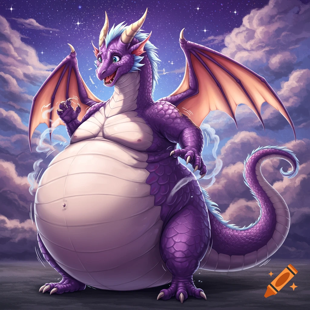 A large purple dragon with a big belly stands under a starry, cloudy sky, in a digital art fantasy style.