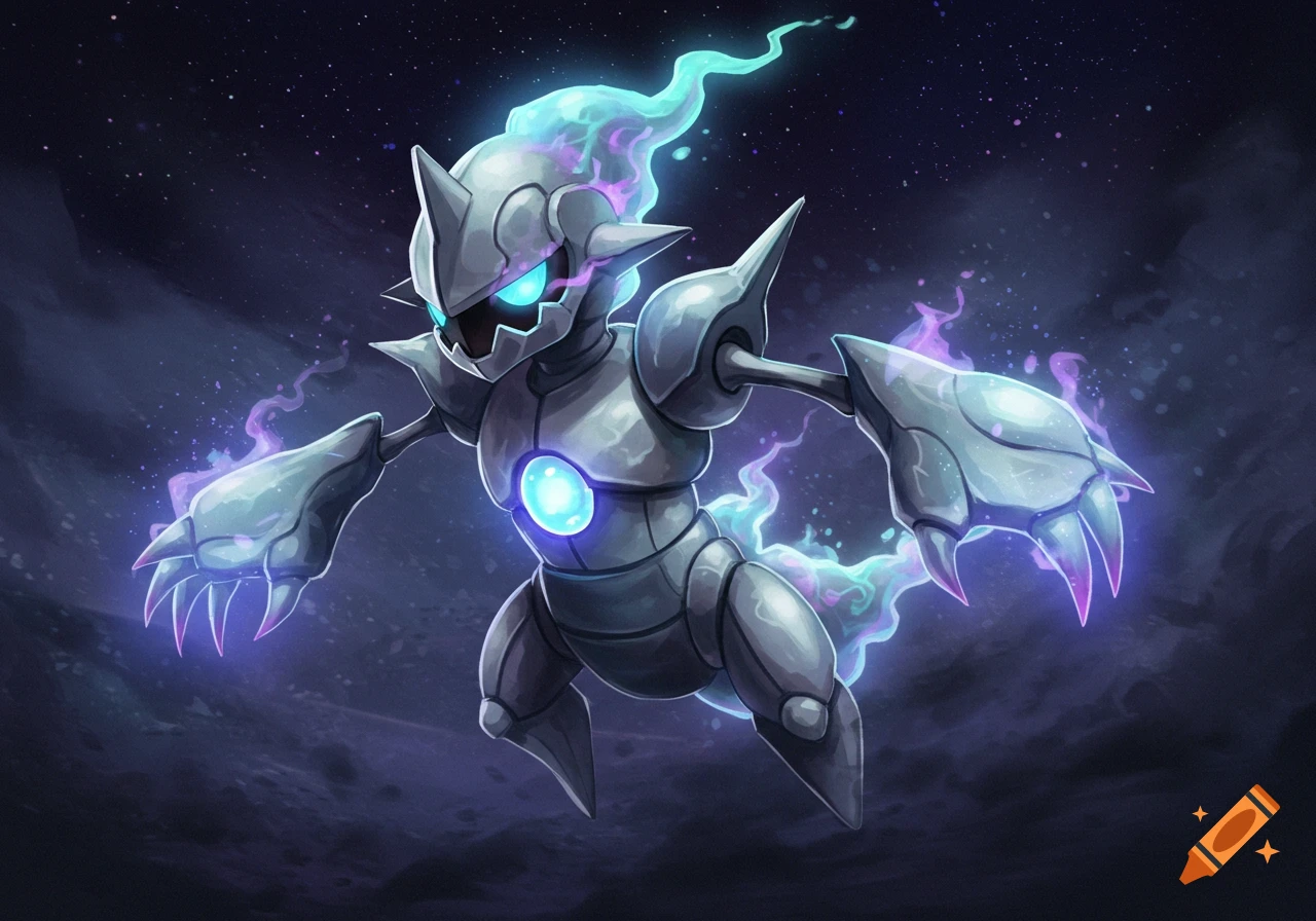 A metallic creature with blue and purple glowing energy stands against a starry sky.