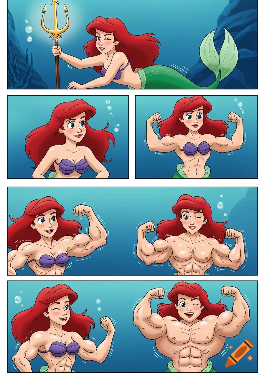 Comic strip showing Ariel the Little Mermaid growing muscles and flexing.