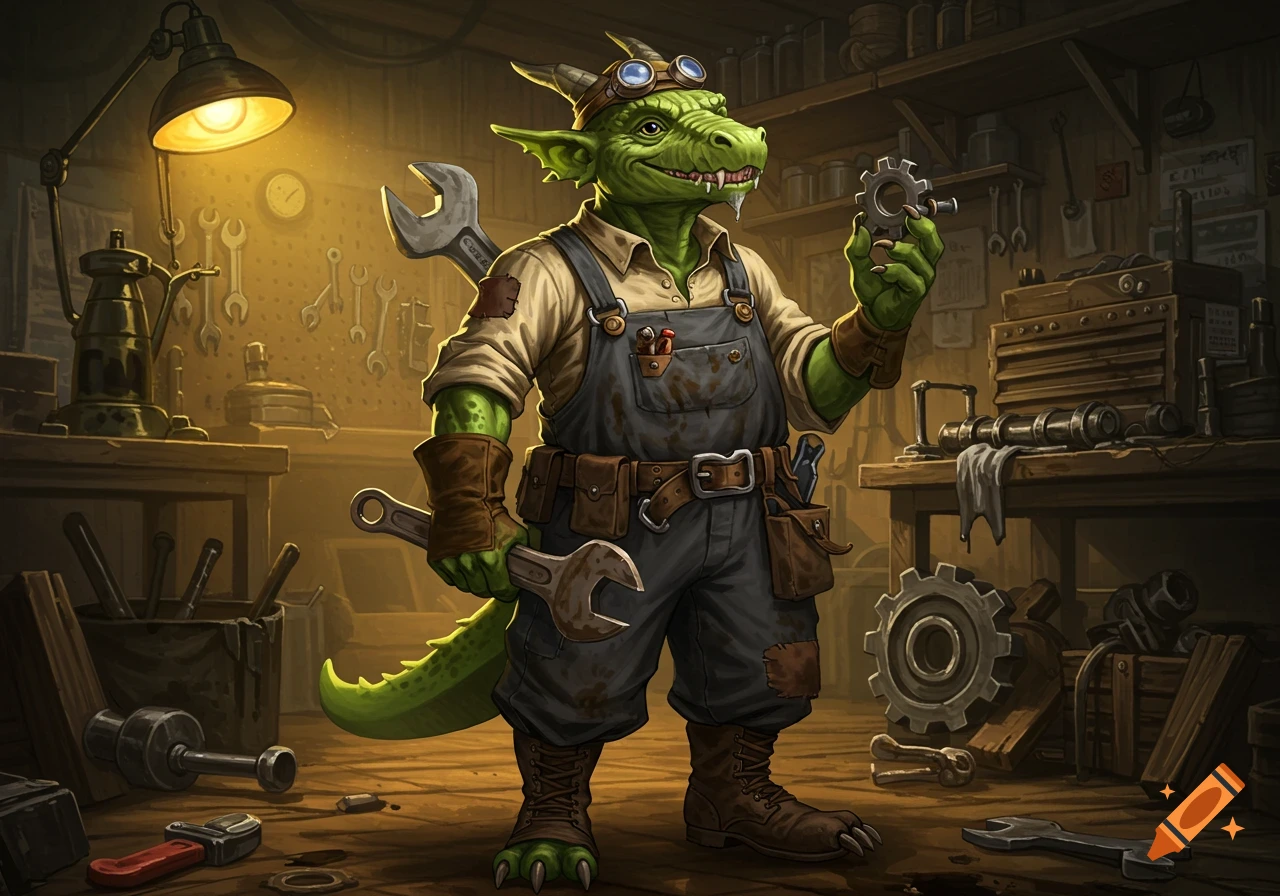 A green dragon mechanic holds a gear and wrench in a workshop.
