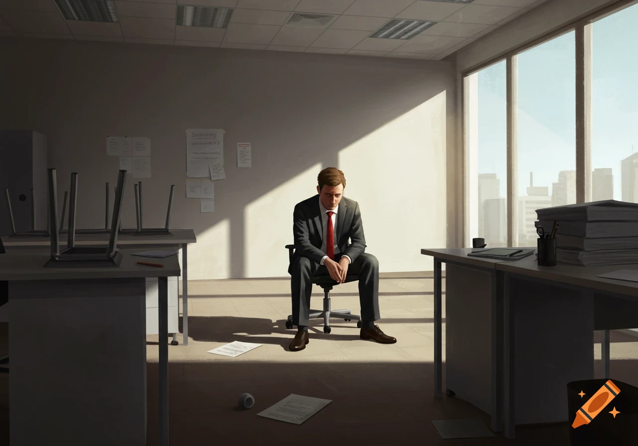 A man in a suit sits alone in a sunlit office, looking down.