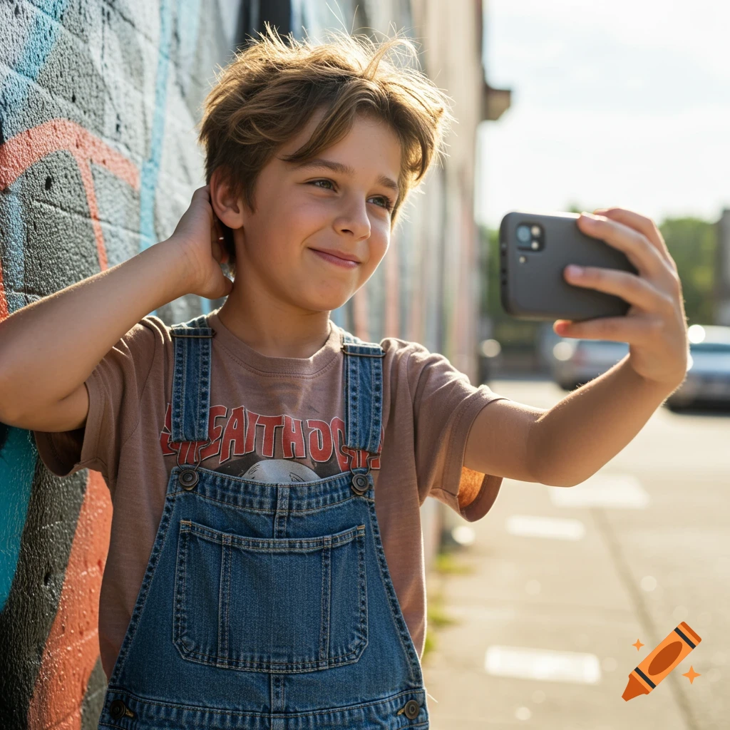 A boy in overalls takes a selfie in front of a graffiti wall.
