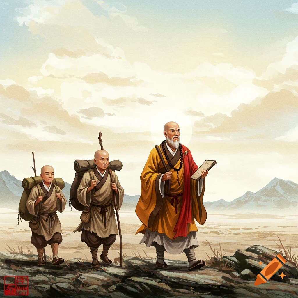 Three monks journey across a rocky landscape towards mountains.