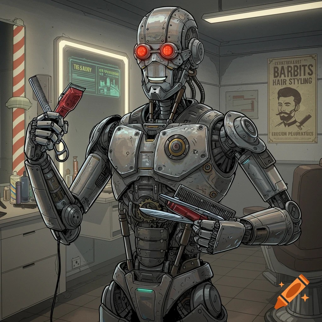 A detailed robot barber holding a hair clipper and comb in a barbershop.