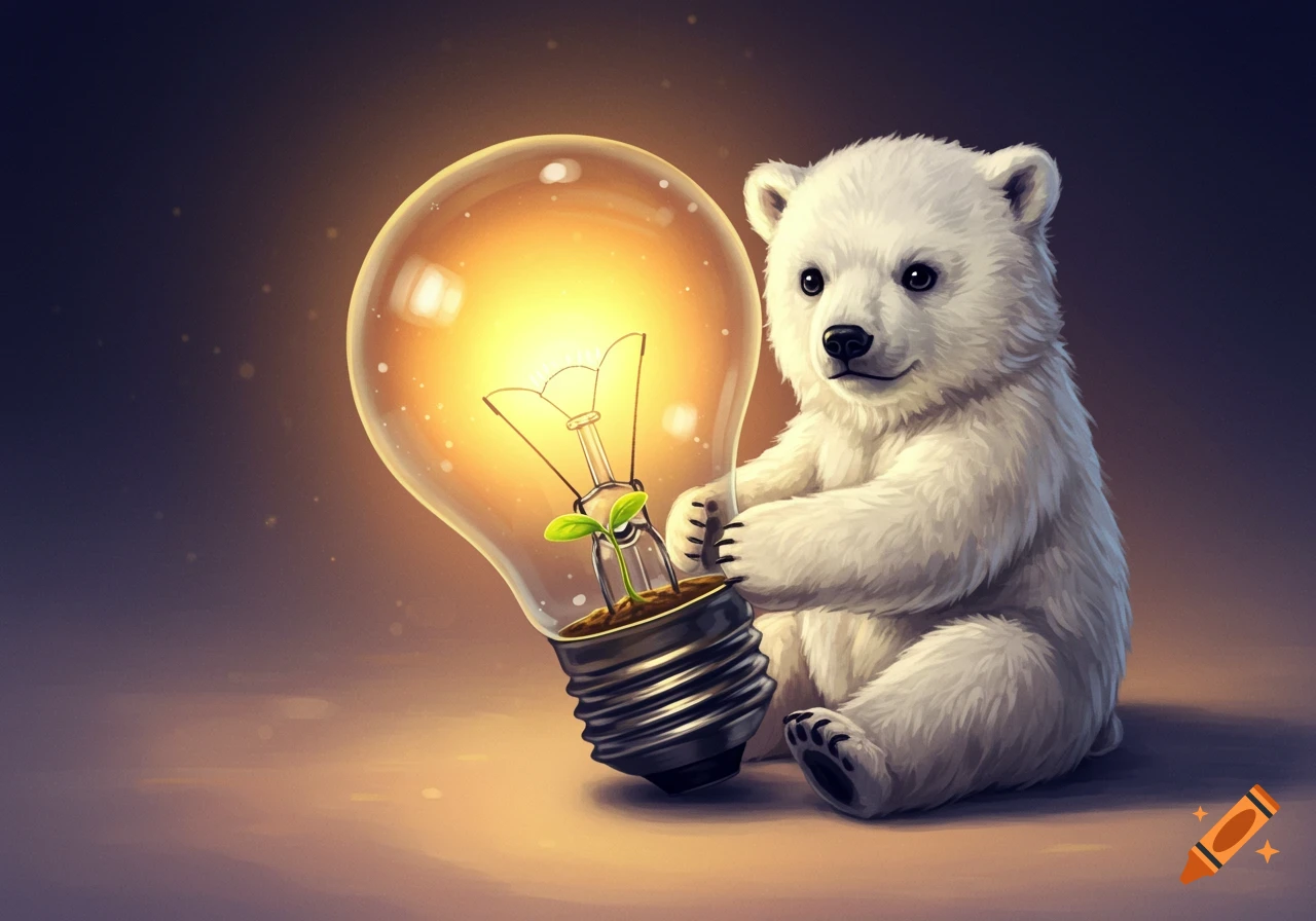 A baby polar bear holds a glowing light bulb with a plant inside.