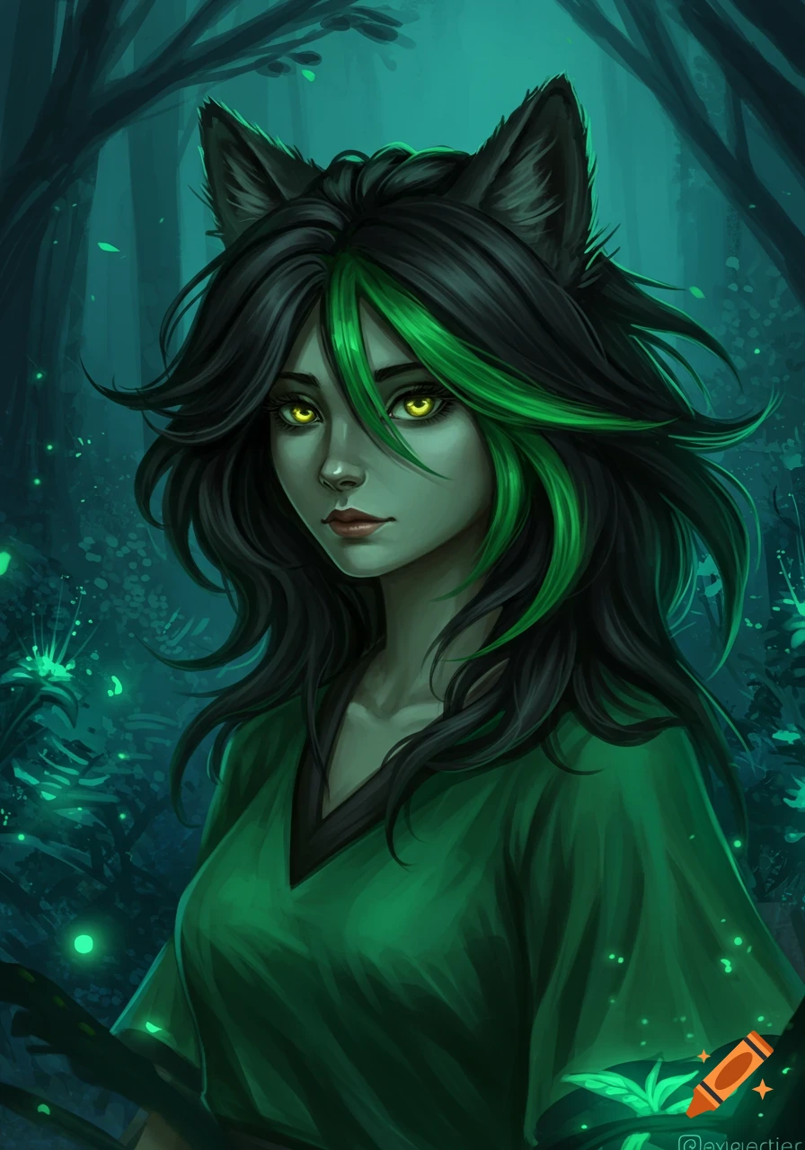 A wolf girl with green hair and yellow eyes in a dark forest