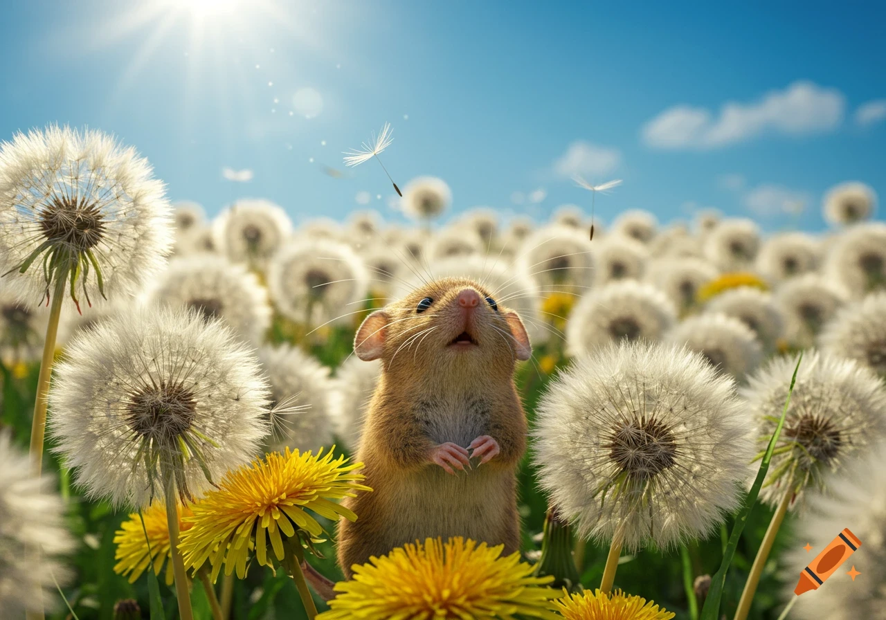 A tiny mouse stands in a field of large dandelions under a sunny sky.