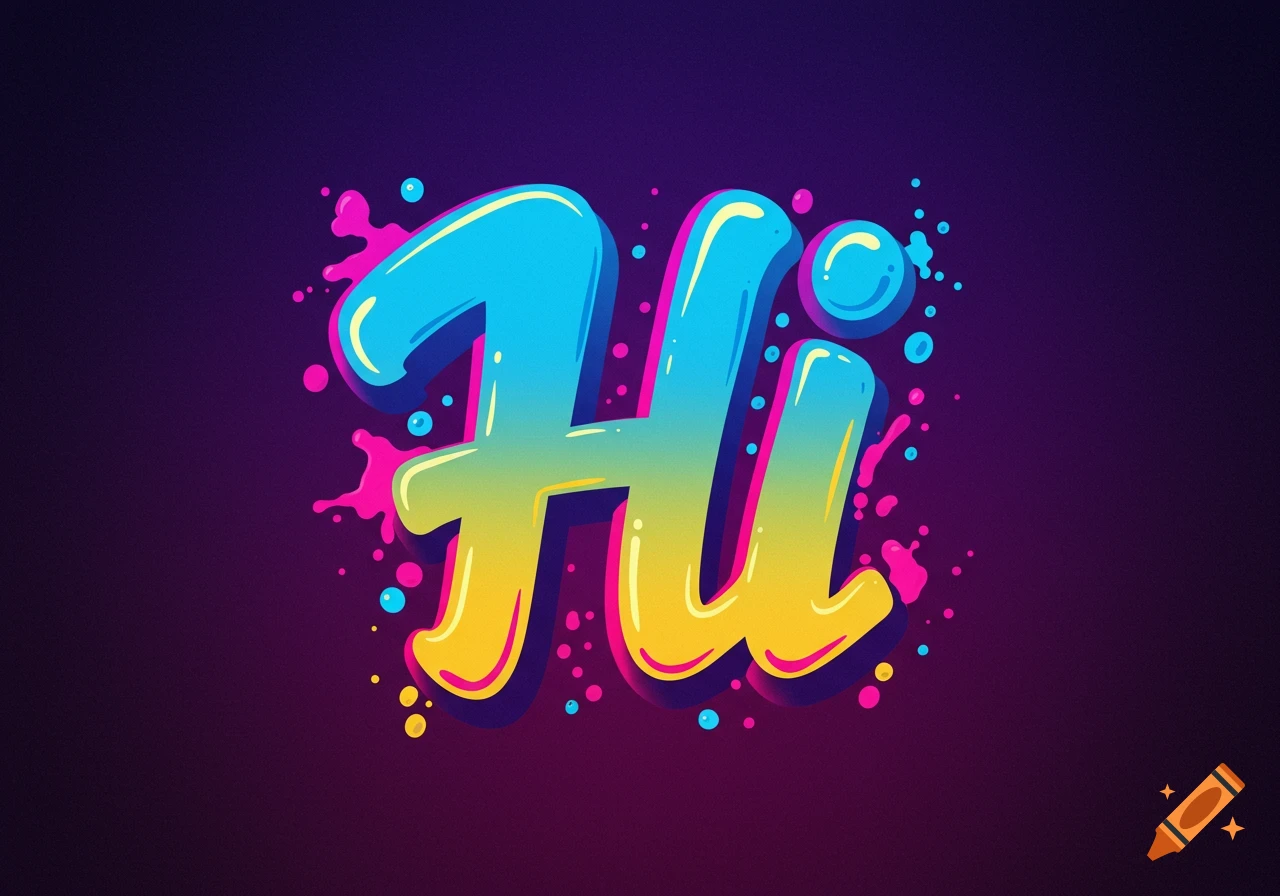 Stylized neon text saying 'Hi' with colorful splatters on a dark background.