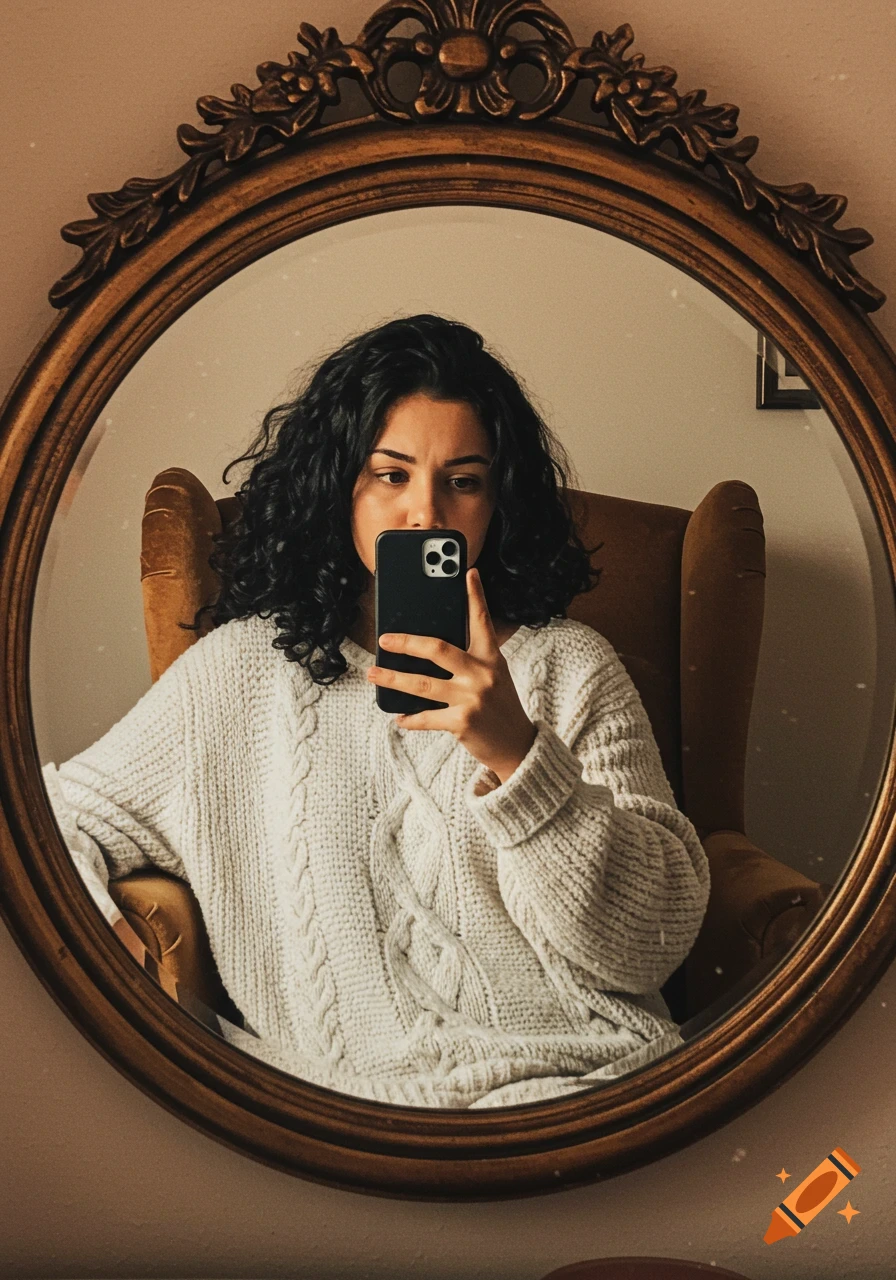 A woman in a white sweater takes a selfie in an ornate mirror