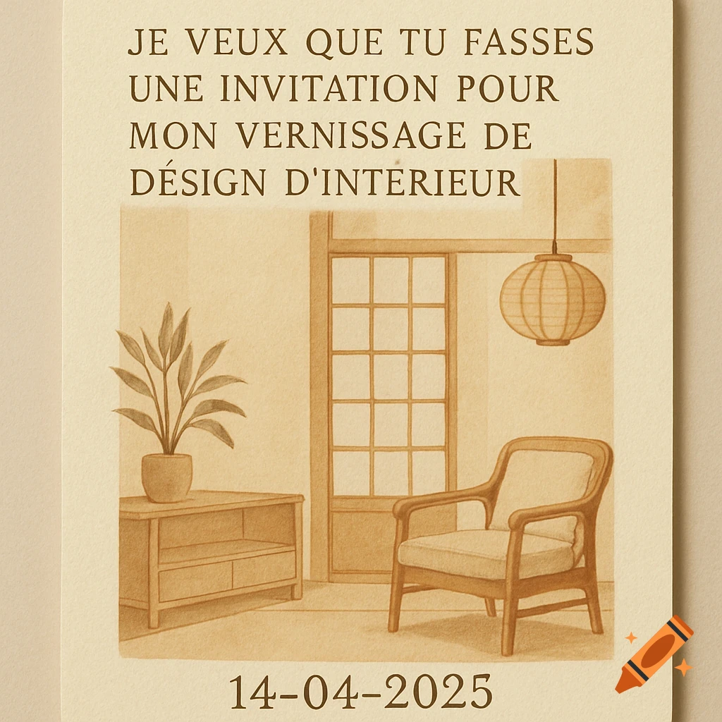 Illustration of an interior with a chair, plant, window, and lantern. Text reads 'JE VEUX QUE TU FASSES UNE INVITATION POUR MON VERNISSAGE DE DÉSIGN D'INTERIEUR' and '14-04-2025'. Sepia style.