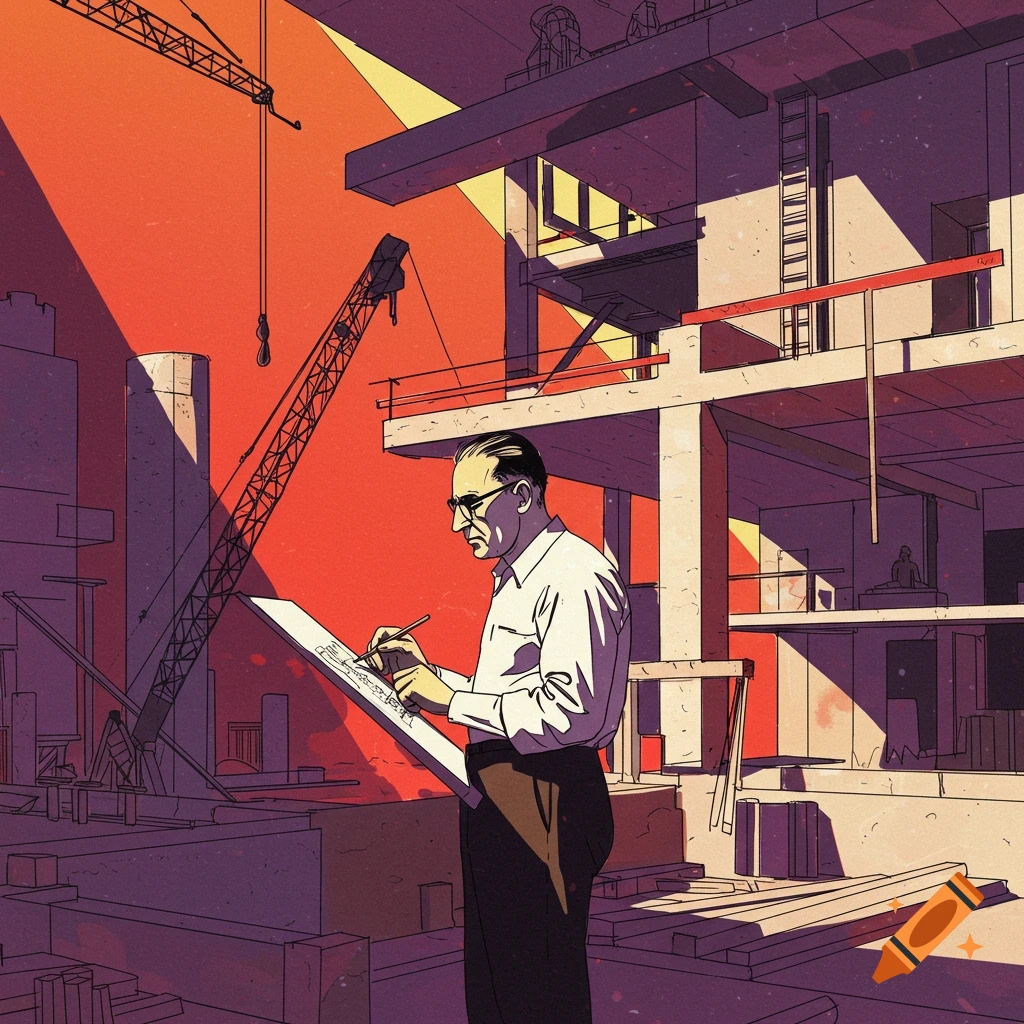 A man draws on a board at a construction site.