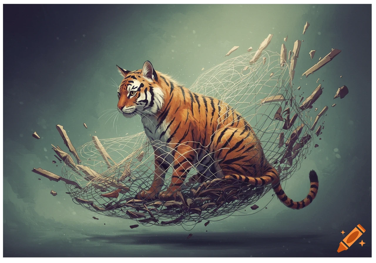 A tiger sits on a floating net with breaking wood pieces.