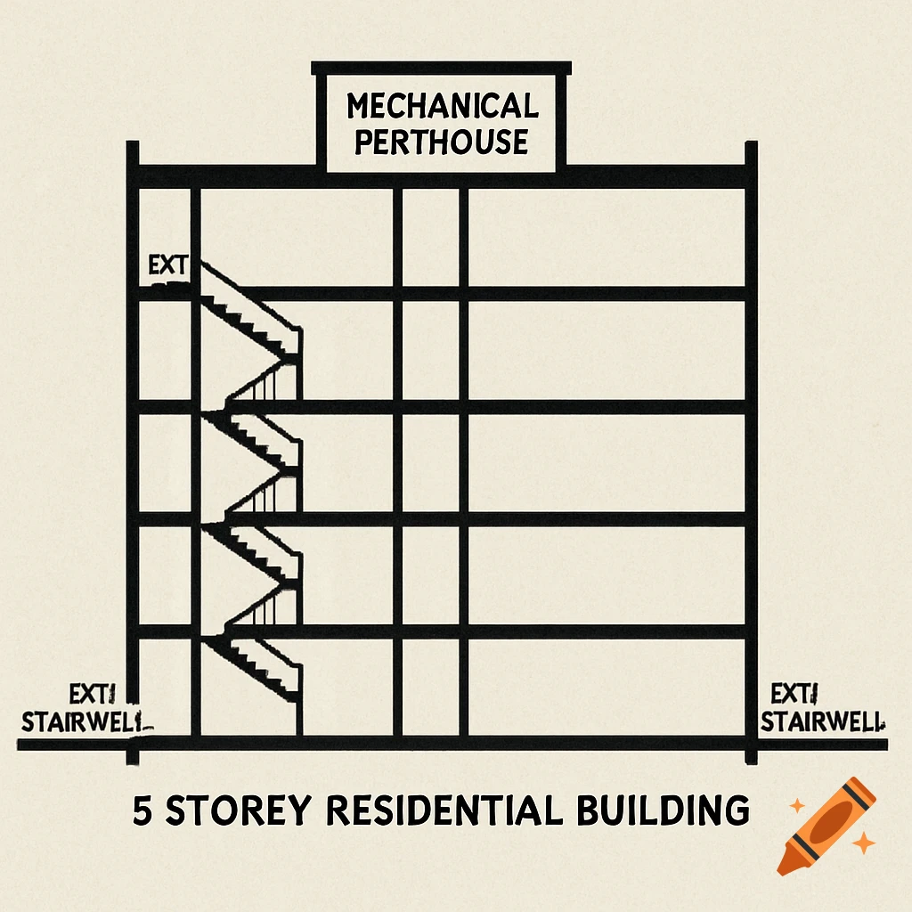A cross-sectional technical drawing of a 5-storey residential building with a mechanical penthouse and exit stairwells.
