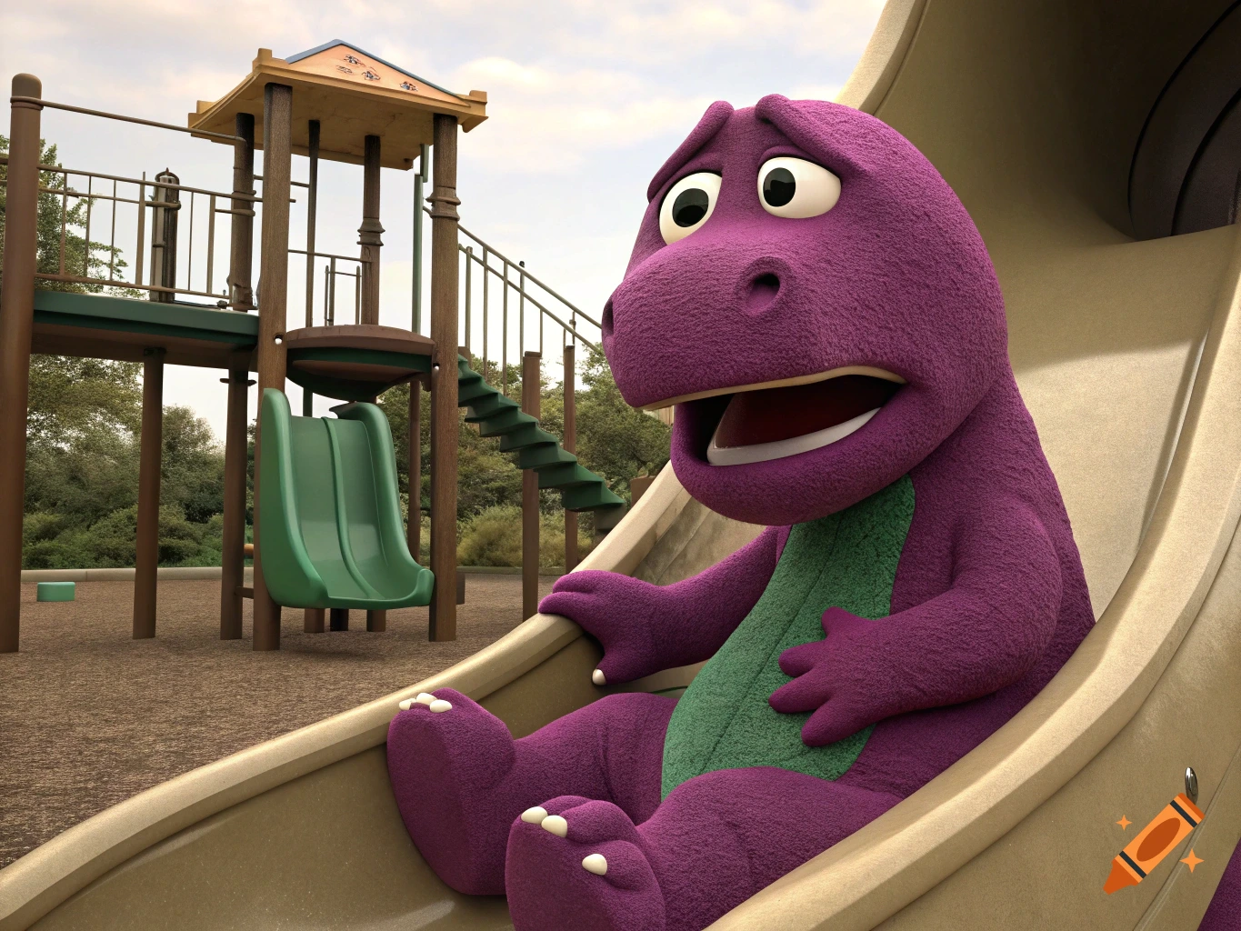 A purple dinosaur is stuck and looks scared on a playground slide.