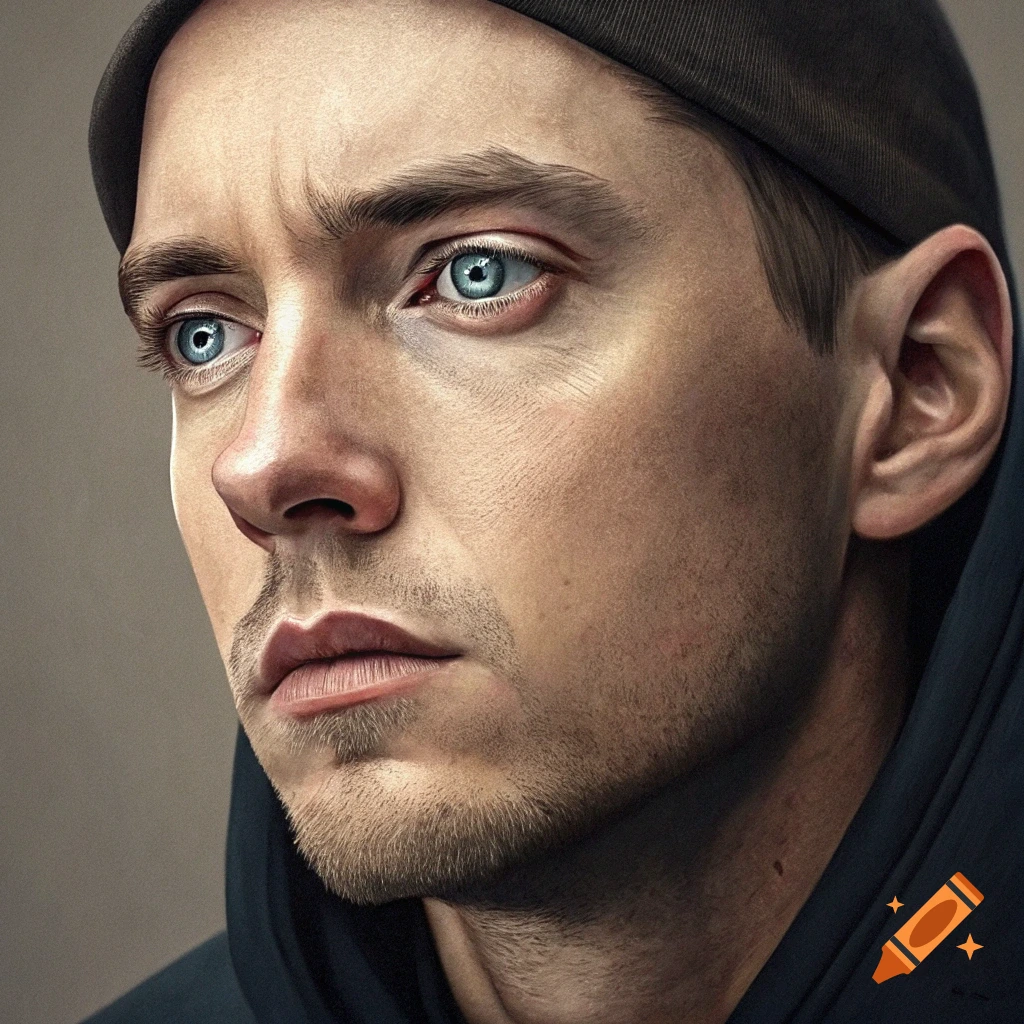 Close-up photorealistic portrait of a man with blue eyes wearing a beanie.