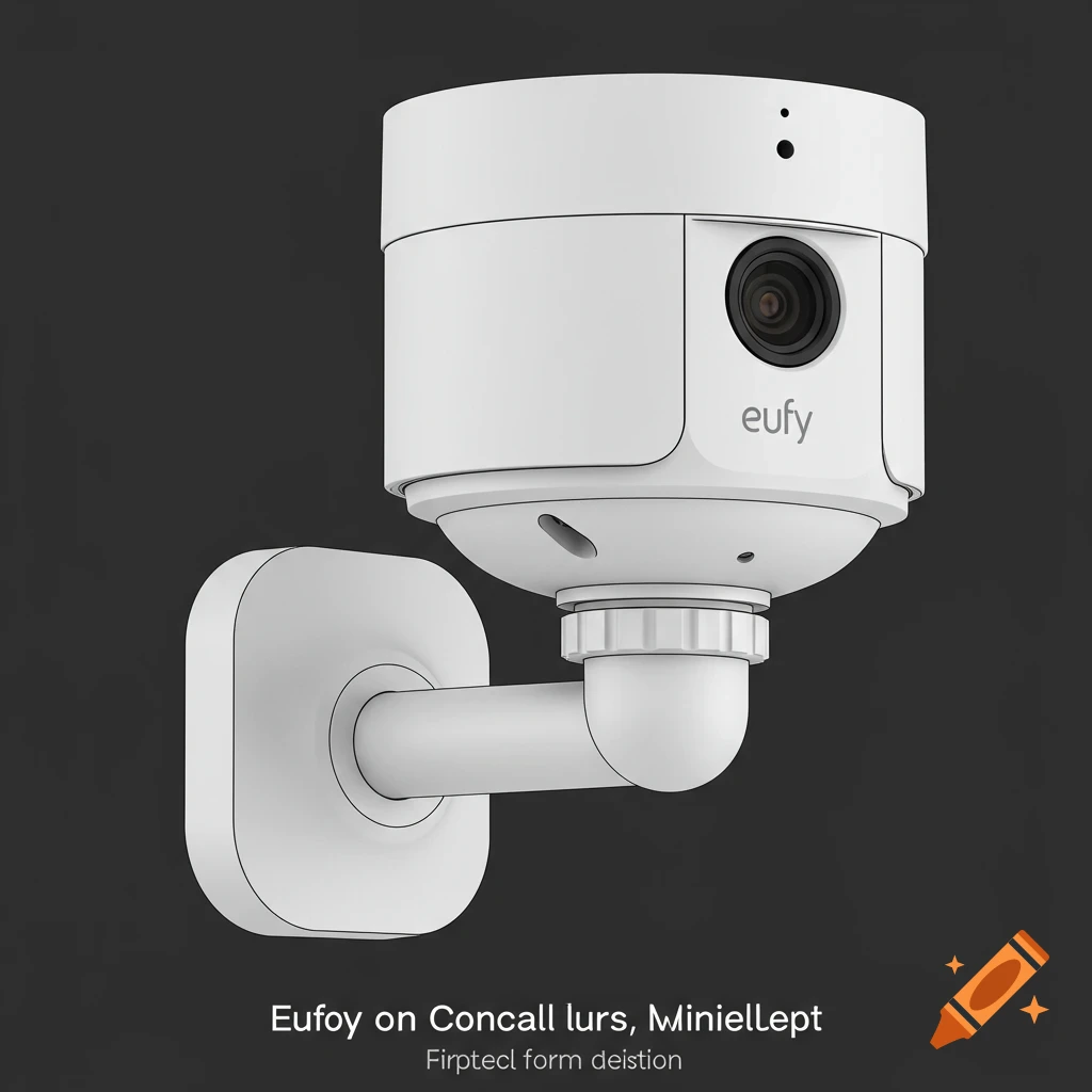 White Eufy security camera mounted on a bracket against a dark background