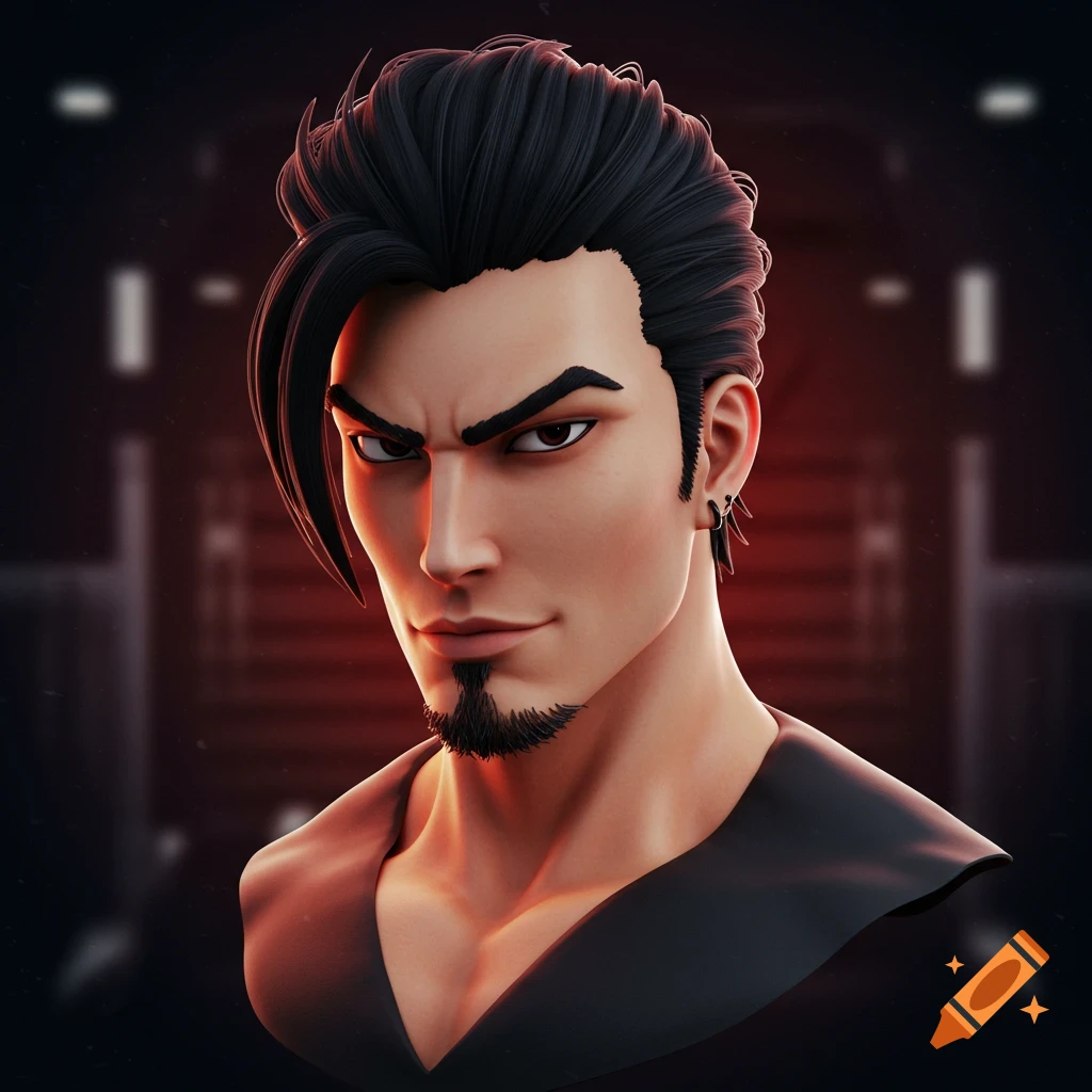 3D rendered portrait of a man in an anime style with black hair and goatee.