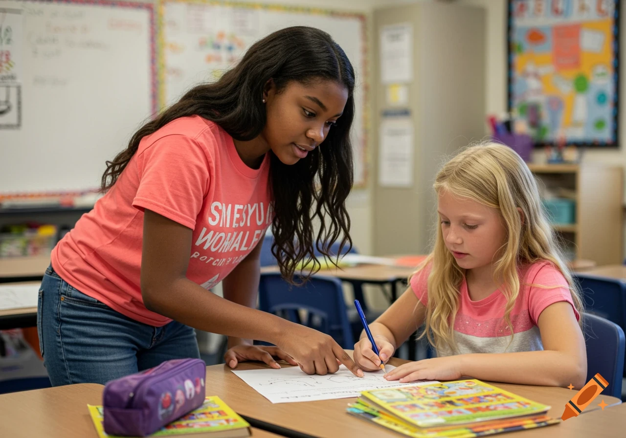 A young Black woman tutors a younger blonde girl on schoolwork at a desk in a bright classroom.