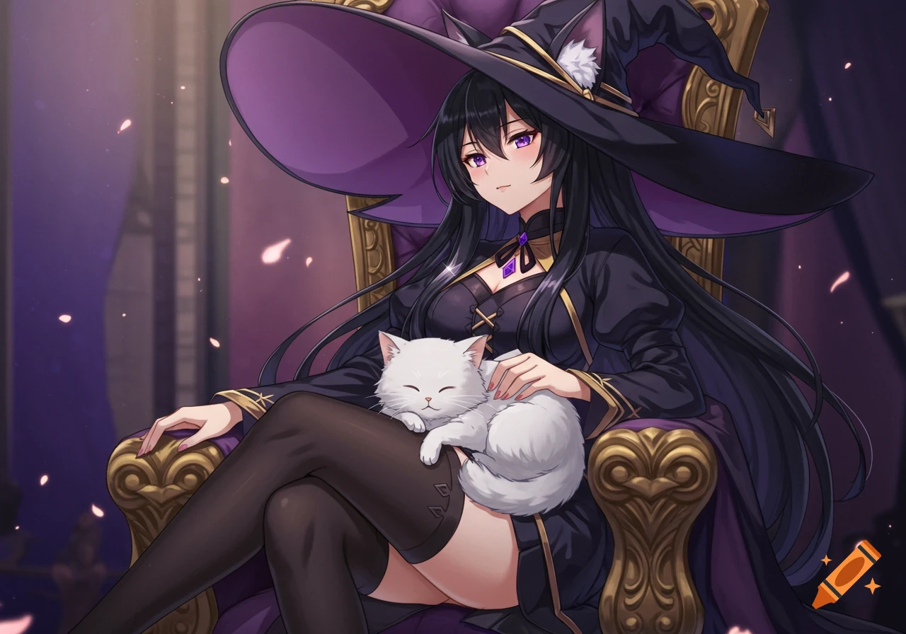 Anime witch with cat ears, black hair, and purple eyes sitting on a throne with a cat on her lap.