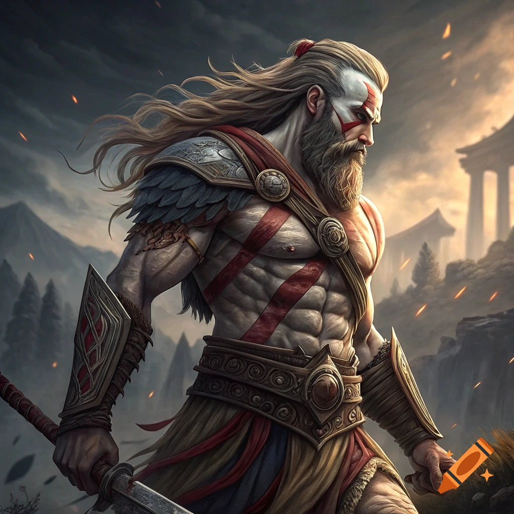 Muscular fantasy warrior with long hair and face paint holding an axe in a rugged landscape.