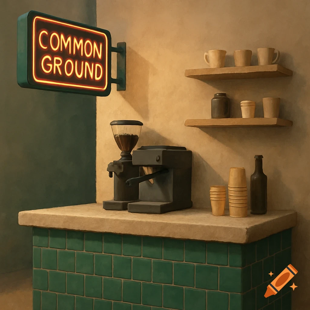 A coffee stand with a neon sign reading 'COMMON GROUND', coffee equipment, and shelves.