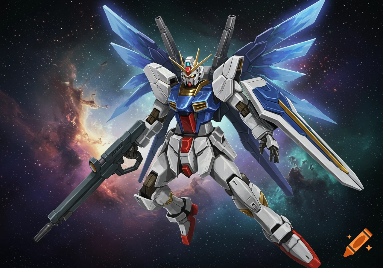 A white, blue, and red mecha in space with a nebula background