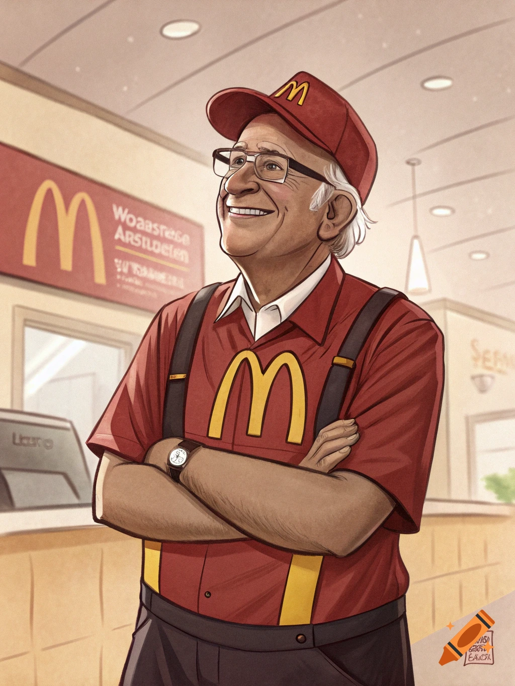 Illustration of an elderly man in a McDonald's uniform smiling in a restaurant.
