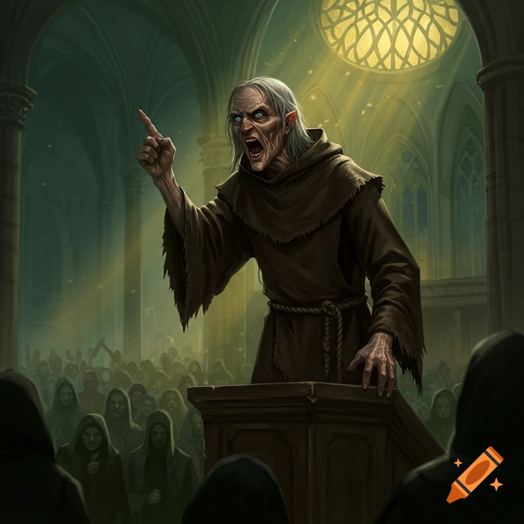 A gaunt, yelling preacher is on a podium in a church, addressing a cloaked crowd.