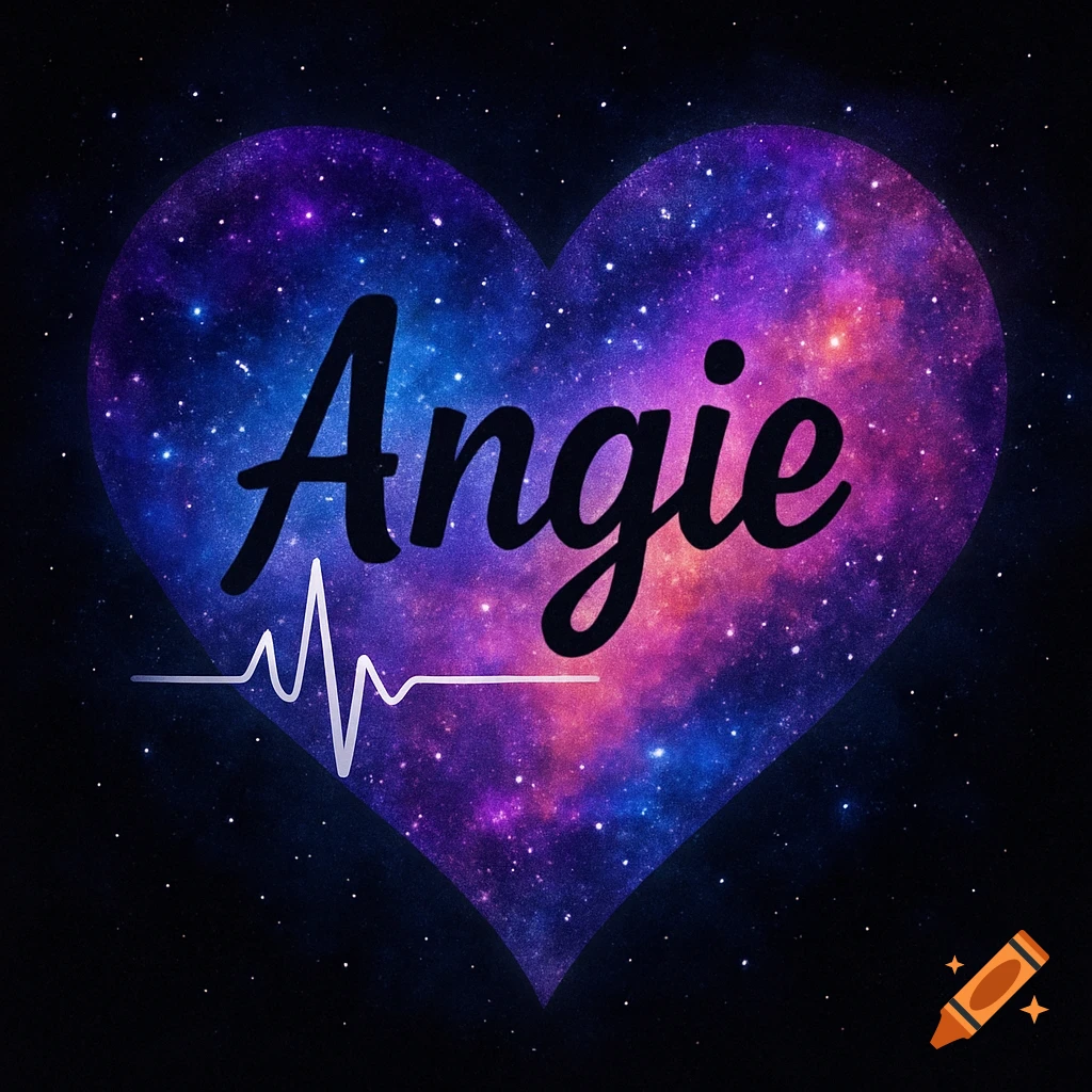 Heart shape filled with a galaxy pattern, showing the name Angie and a white heartbeat line.