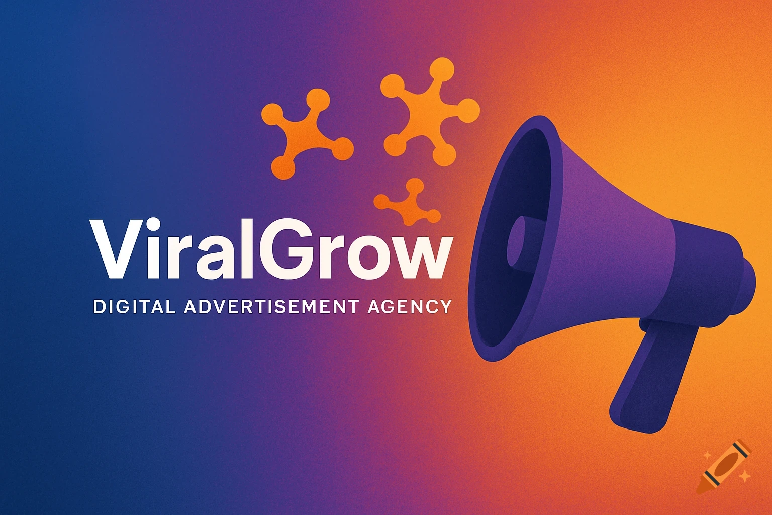 Logo with text 'ViralGrow DIGITAL ADVERTISEMENT AGENCY', a megaphone, and abstract shapes on a purple and orange gradient background.