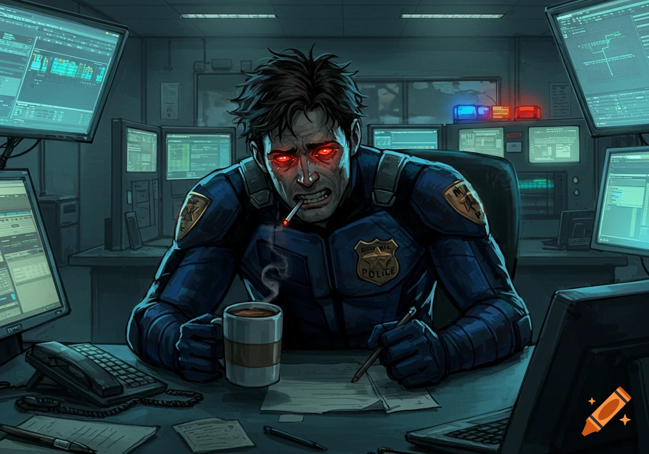 Stylized image of a stressed police officer figure with red eyes, smoking and drinking coffee at a desk in a dispatch center full of monitors.