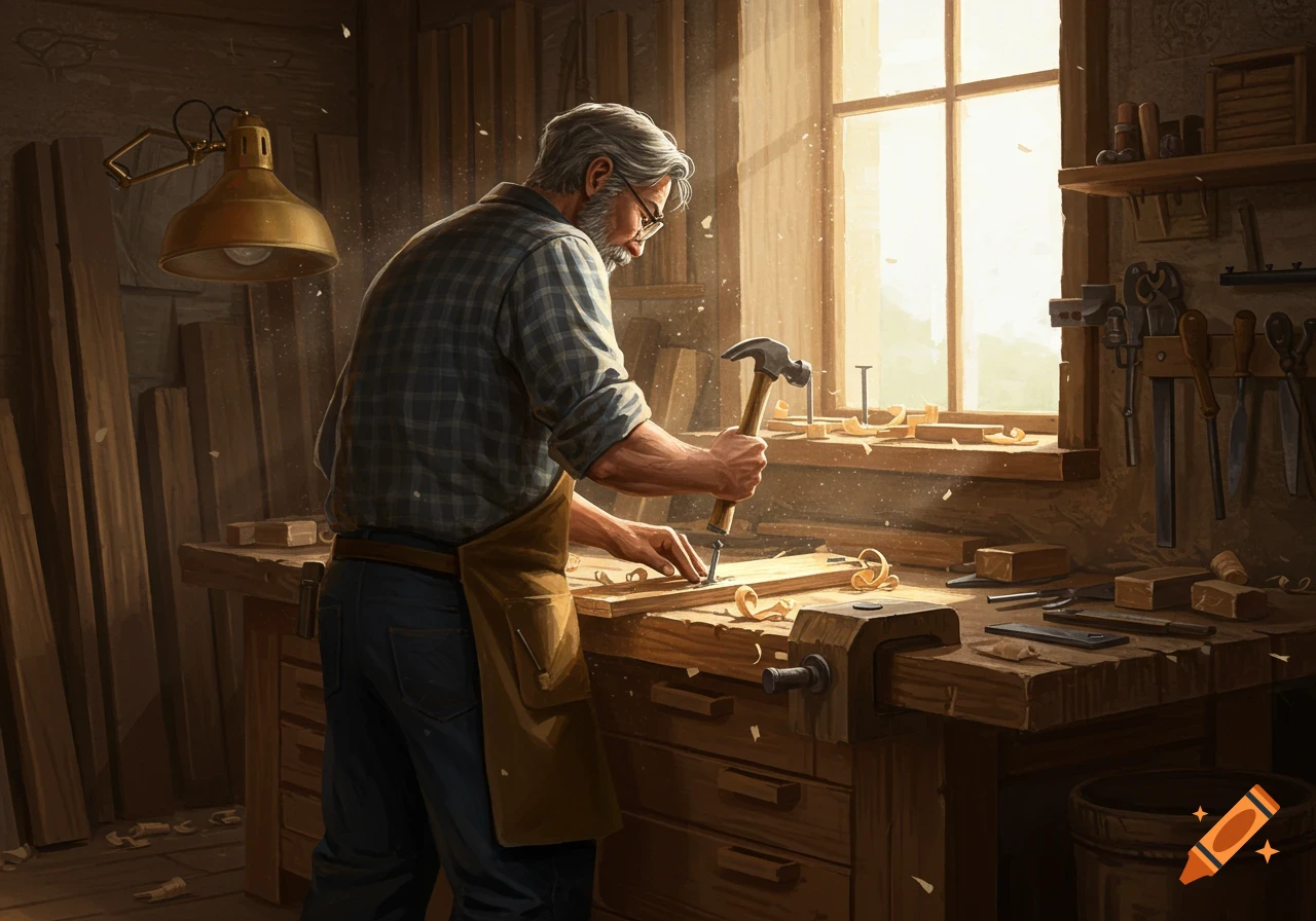 A carpenter hammering a nail into wood at a workbench.