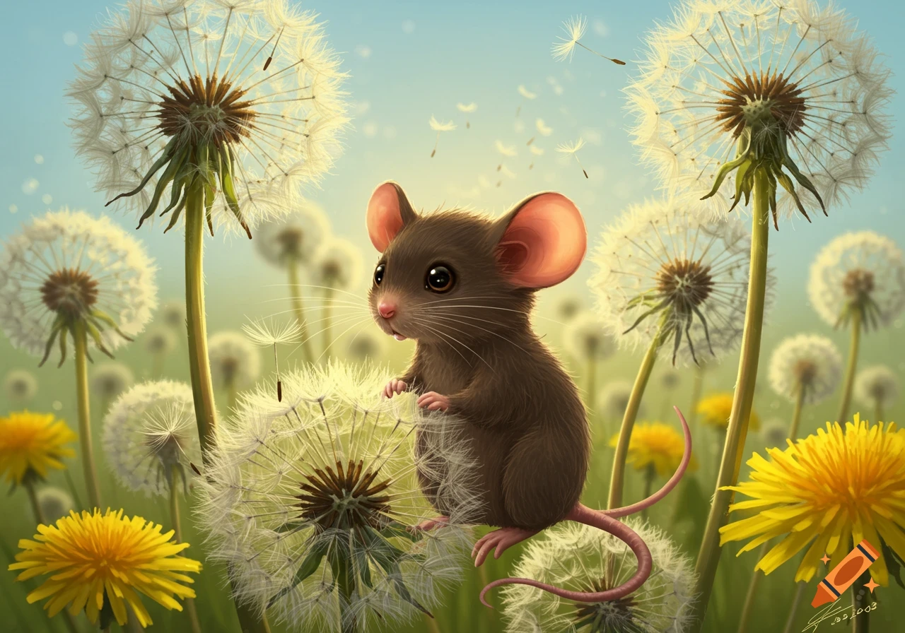 A cute mouse sits on a giant dandelion fluff ball in a field of dandelions and yellow flowers.