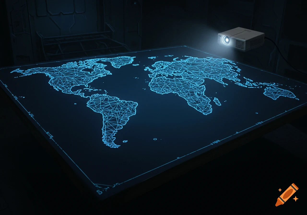 A projector shines a blue wireframe world map onto a table in a dark room.