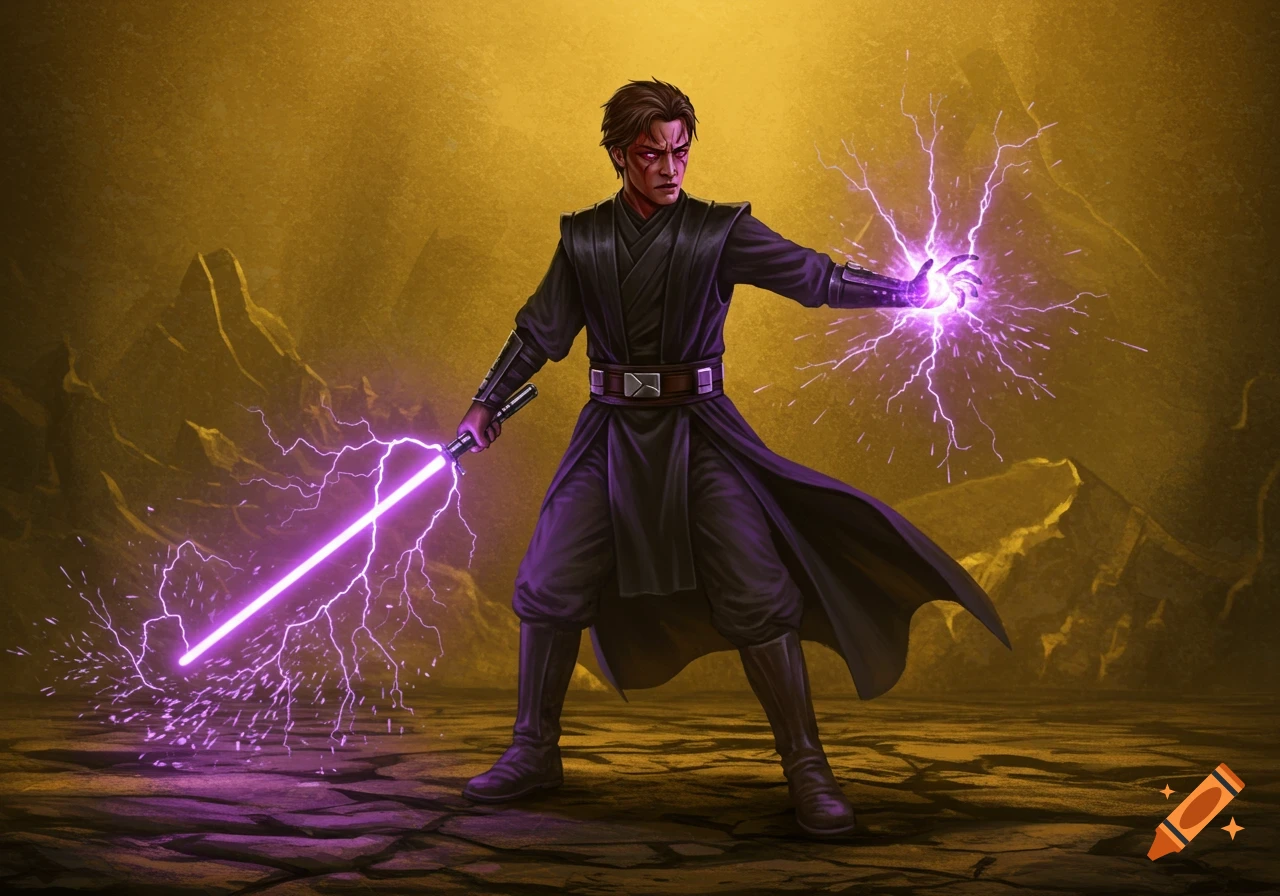A Sith Lord in black robes stands on a rocky golden plain, holding a purple lightsaber and casting violet force lightning.