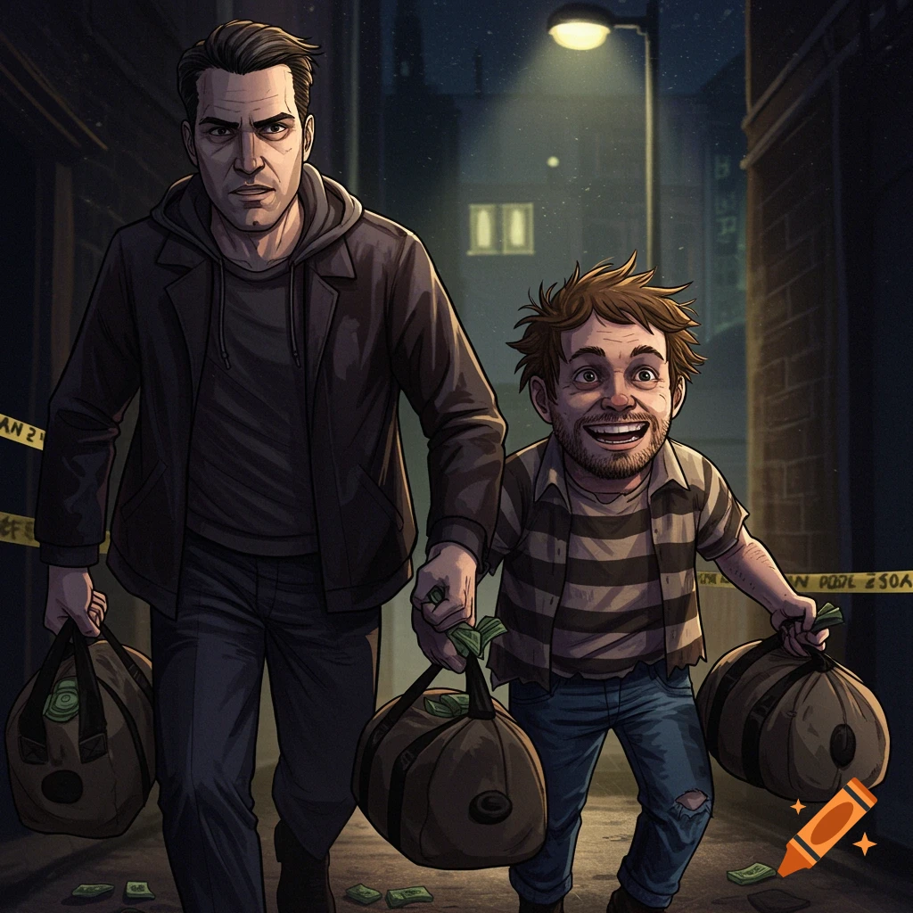 Illustration of two robbers, tall and short, in a dark alleyway carrying bags of money.