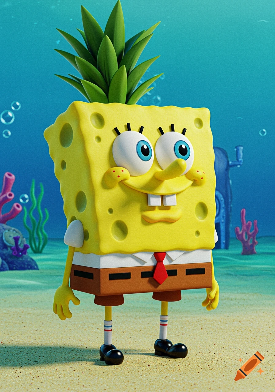 3D render of Spongebob Squarepants standing on the seabed