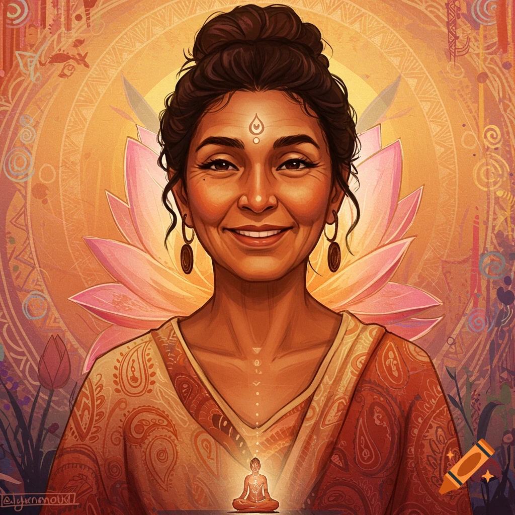 A smiling woman with spiritual imagery, including a lotus flower and mandala-like patterns.