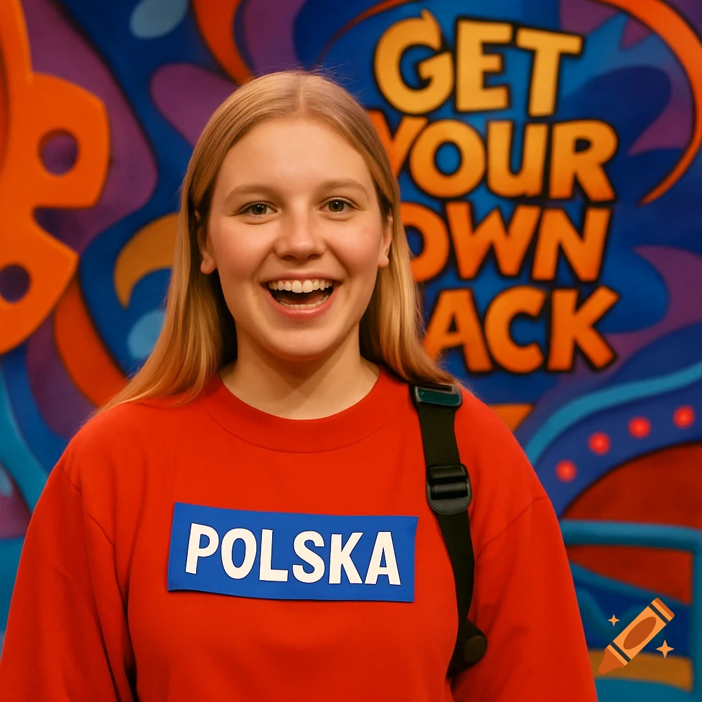 Smiling young woman in red sweater with 'POLSKA' on it in front of colorful 'GET YOUR OWN BACK' backdrop
