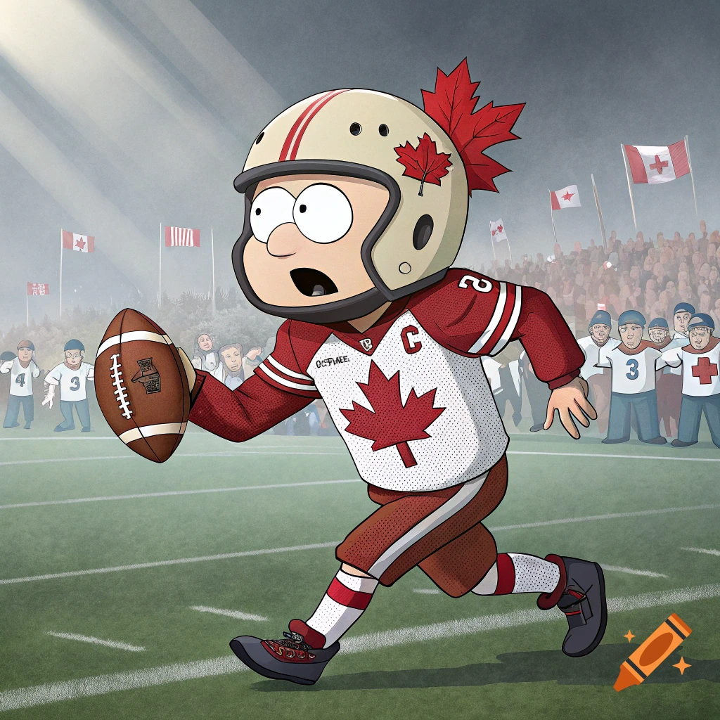 Cartoon character in a Canadian football uniform runs with the ball in a stadium, South Park style.
