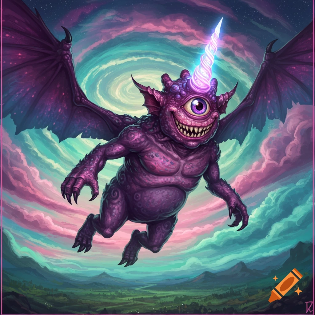 A purple, one-eyed, one-horned monster with wings flies through a colorful, swirling sky.