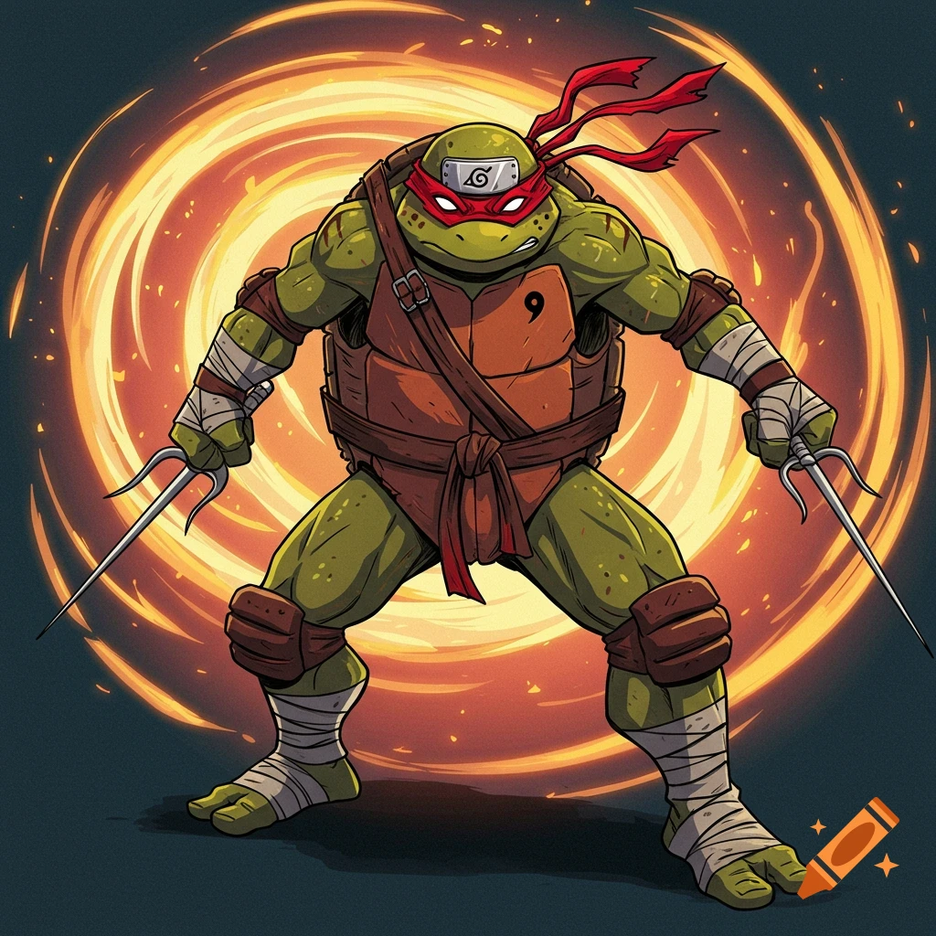 Cartoon ninja turtle with red mask and sais, wearing a headband with the Naruto symbol and a number 9 on his shell.