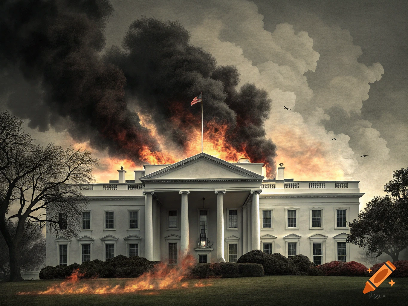 Photorealistic depiction of the White House engulfed in flames and black smoke.