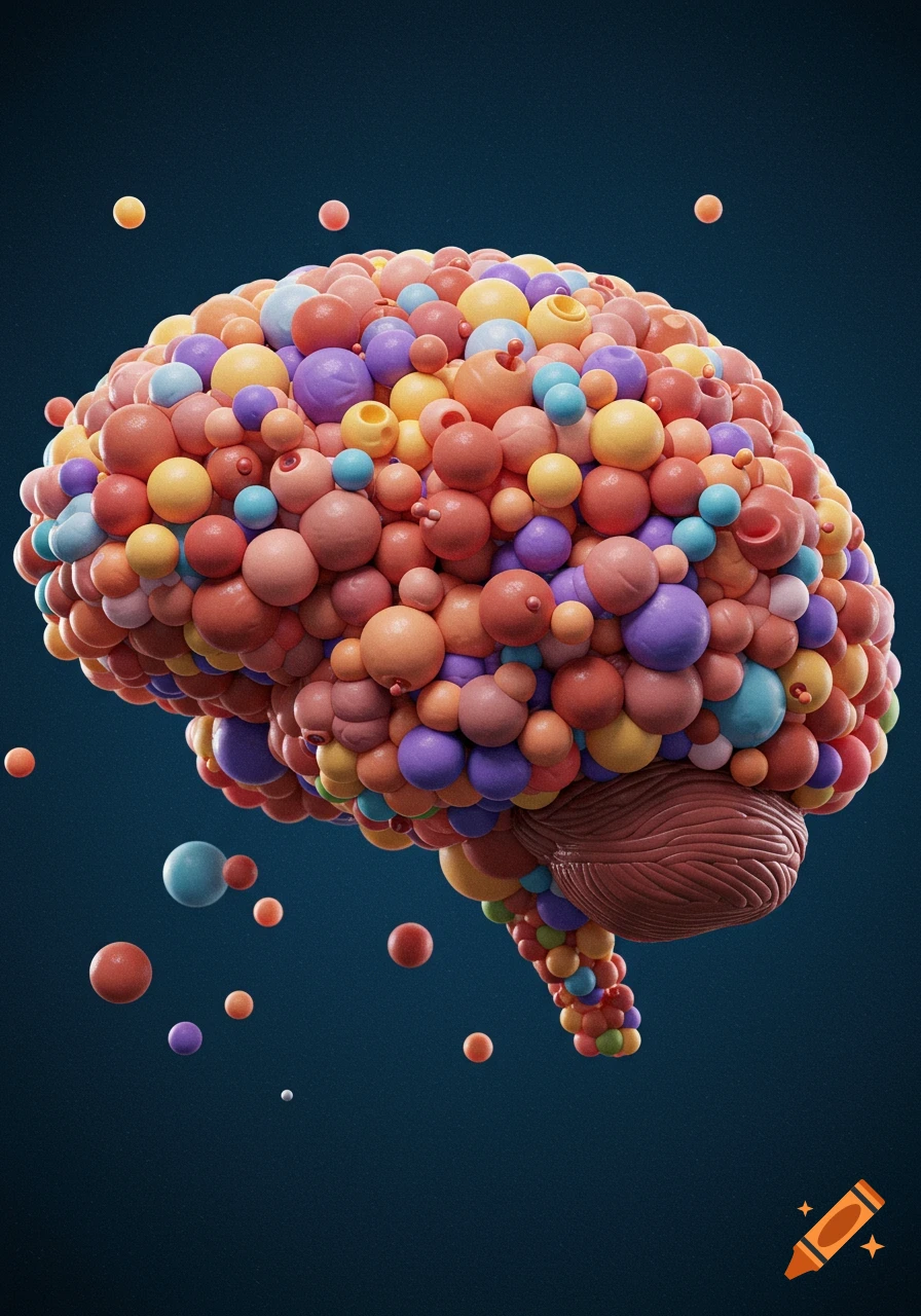 An abstract representation of a brain made from colorful 3D spheres on a dark background.