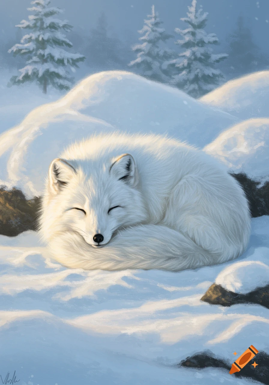 A white arctic fox sleeps curled up in the snow