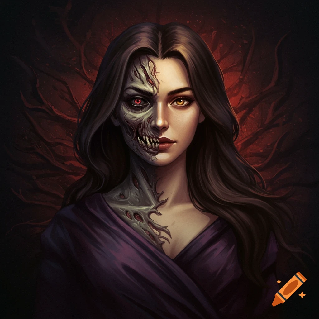 Portrait of a woman with one side of her face transformed into a monster