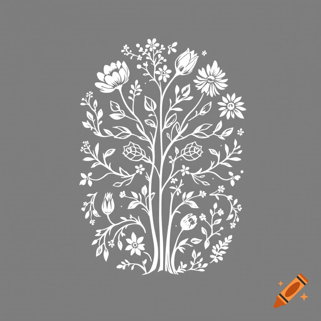 White stylized oval floral design on a grey background