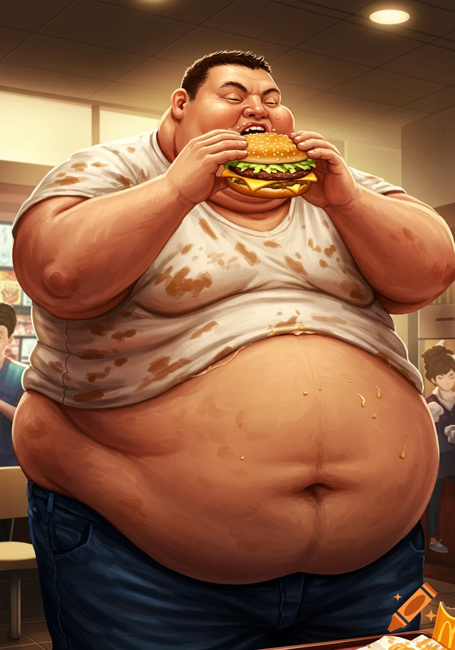 An extremely obese man happily devours a large hamburger.