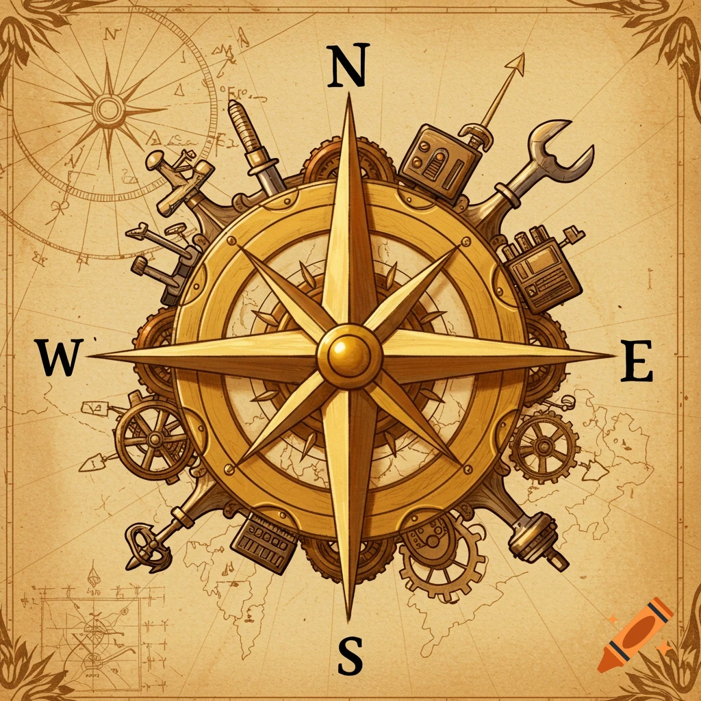A detailed illustration of a steampunk compass with tools and gears on an old map background.