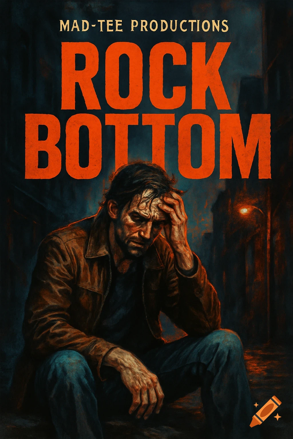 Movie poster for "ROCK BOTTOM" by MAD-TEE PRODUCTIONS, featuring a distressed man sitting with his head in his hand.